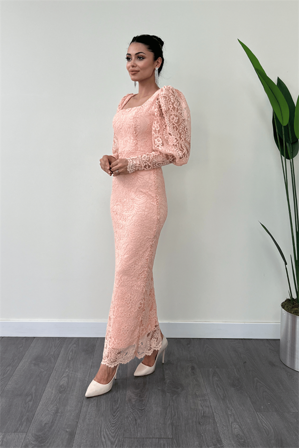 Güpür Dantel Kumaş Balon Kol Kalem Elbise - PUDRA