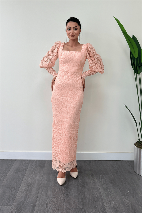 Güpür Dantel Kumaş Balon Kol Kalem Elbise - PUDRA
