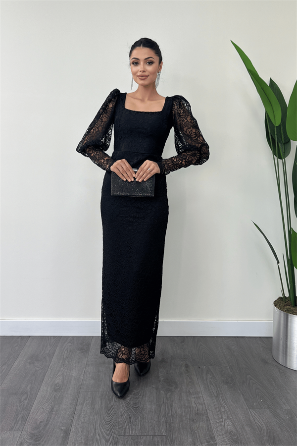 Güpür Dantel Kumaş Balon Kol Kalem Elbise - SİYAH