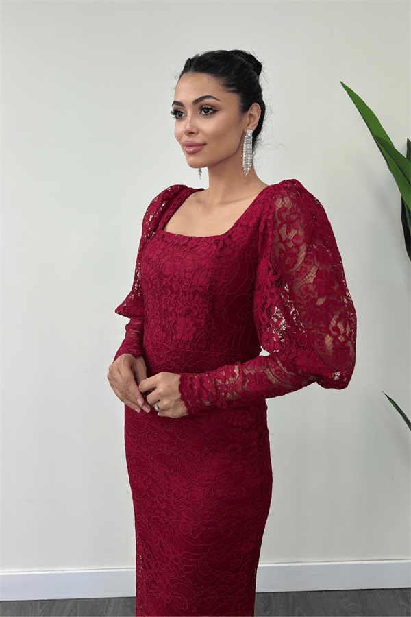 Güpür Dantel Kumaş Balon Kol Kalem Elbise - BORDO