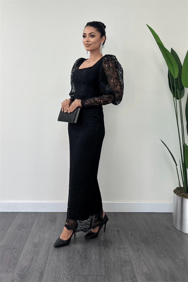 Güpür Dantel Kumaş Balon Kol Kalem Elbise - SİYAH