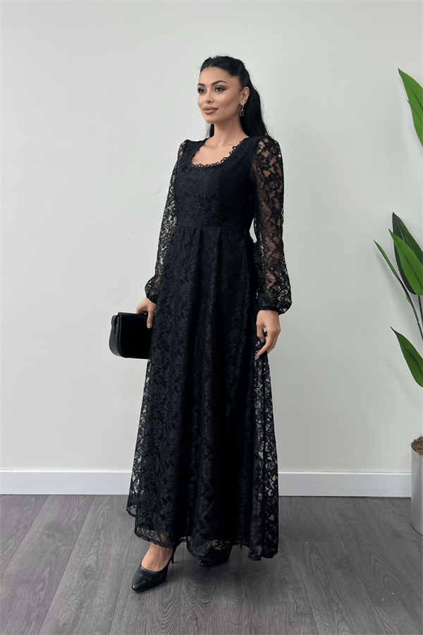 Güpür Dantel Kumaş Kare Yaka Elbise - SİYAH