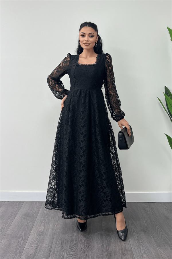 Güpür Dantel Kumaş Kare Yaka Elbise - SİYAH