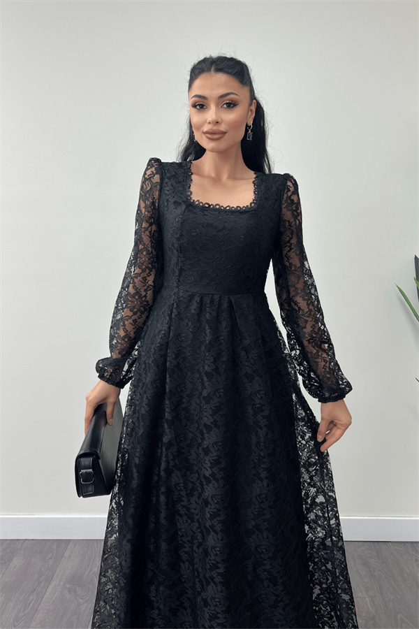 Güpür Dantel Kumaş Kare Yaka Elbise - SİYAH