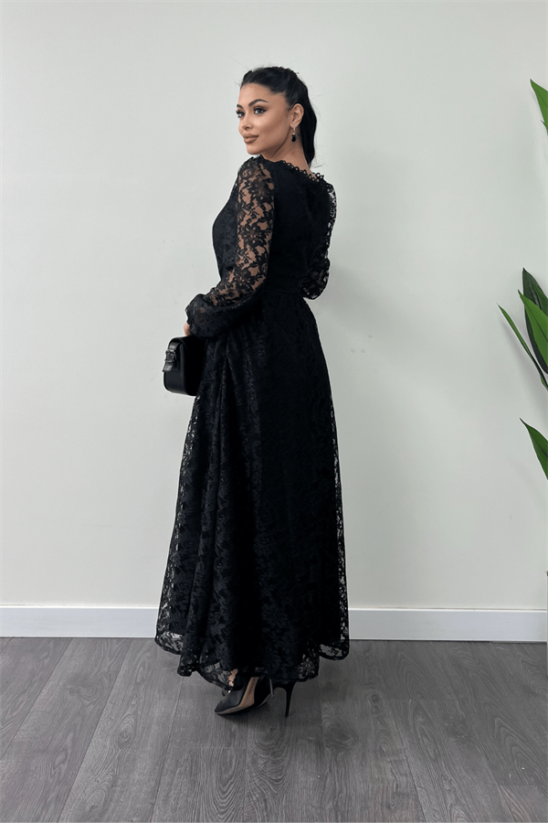 Güpür Dantel Kumaş Kare Yaka Elbise - SİYAH