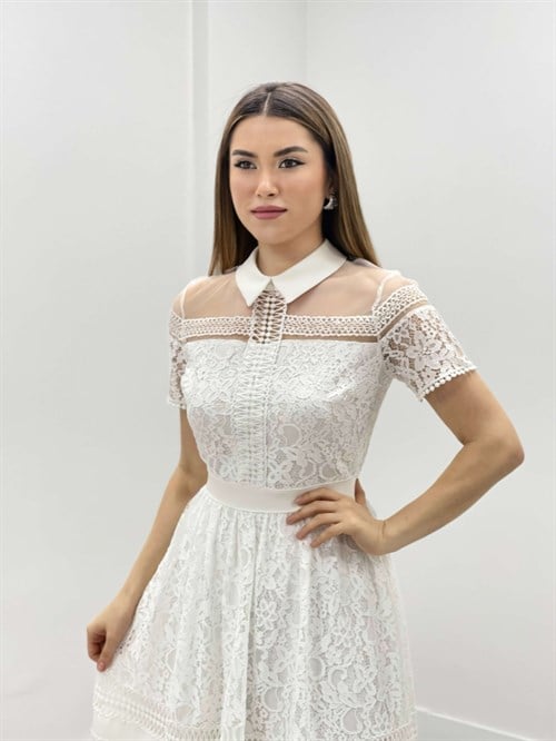 Guipure Lace Fabric Collar Detailed Midiboy Evening Dress - WHITE