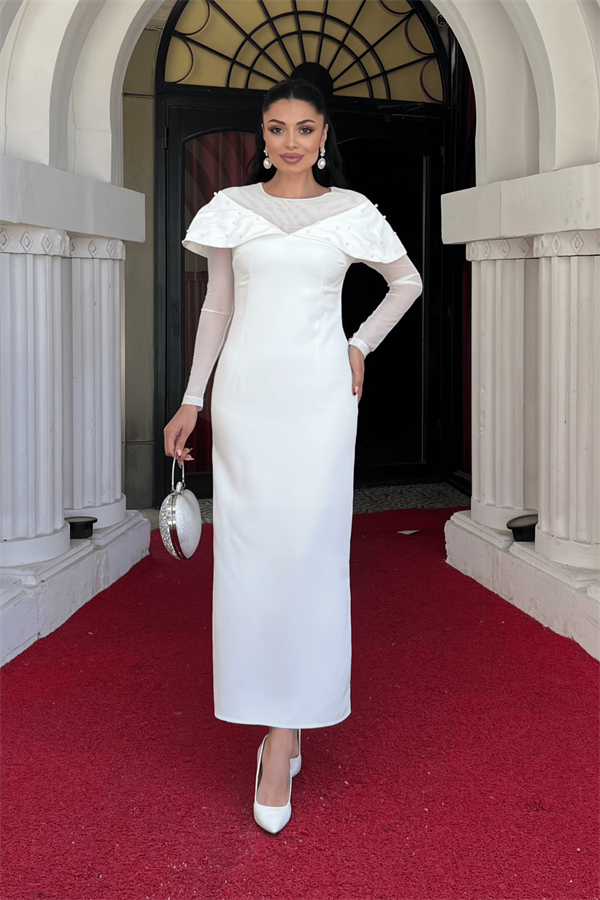 İnci Detaylı Kalem Elbise - BEYAZ