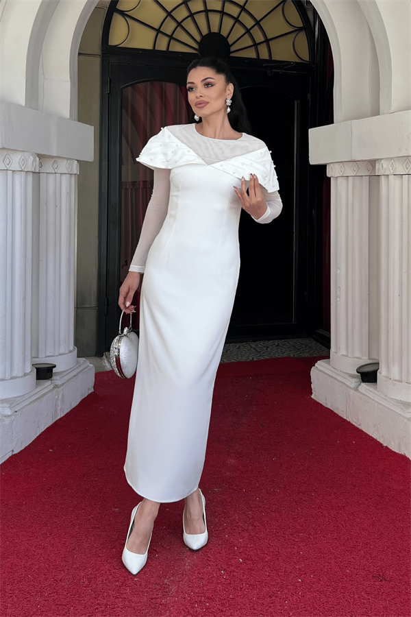 İnci Detaylı Kalem Elbise - BEYAZ