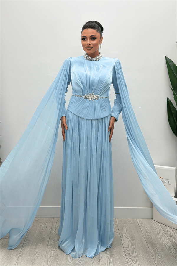 İpek Organze Taş Detaylı Abiye Elbise - BEBE MAVİSİ