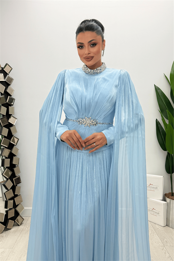 İpek Organze Taş Detaylı Abiye Elbise - BEBE MAVİSİ
