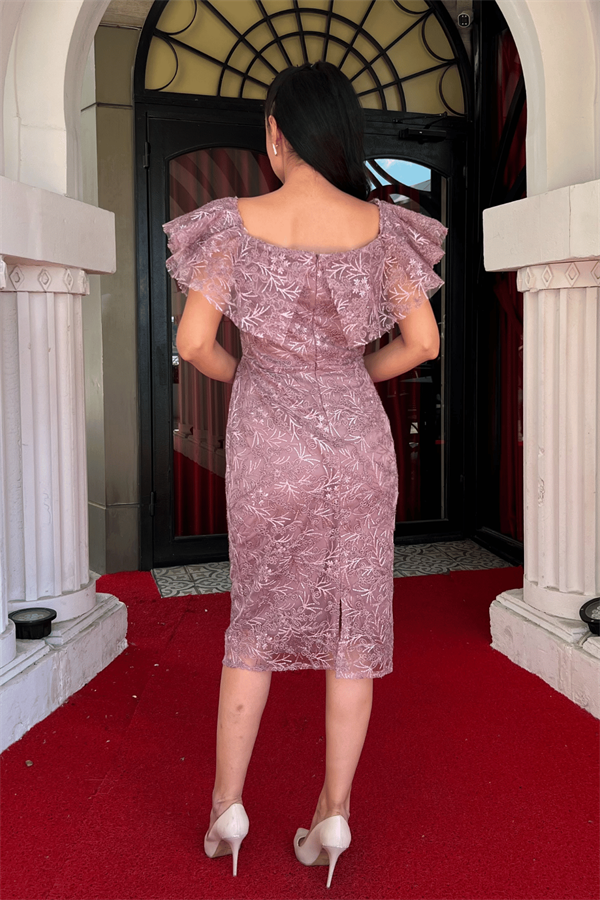 İşleme Dantel Kumaş Kayık Yaka Kalem Elbise - GÜL KURUSU