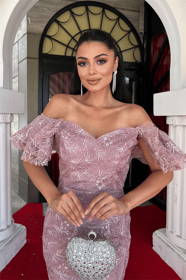 İşleme Dantel Kumaş Kayık Yaka Kalem Elbise - PUDRA