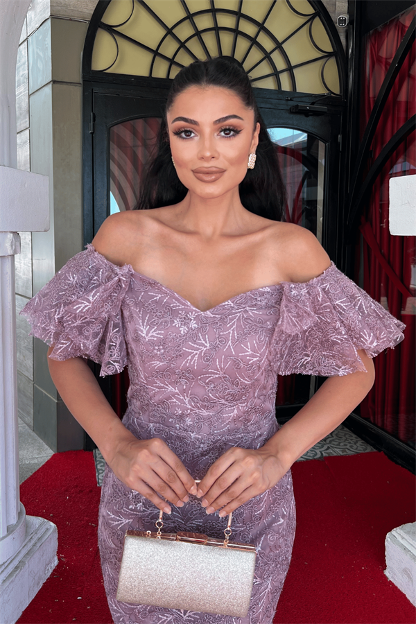 İşleme Dantel Kumaş Kayık Yaka Kalem Elbise - GÜL KURUSU