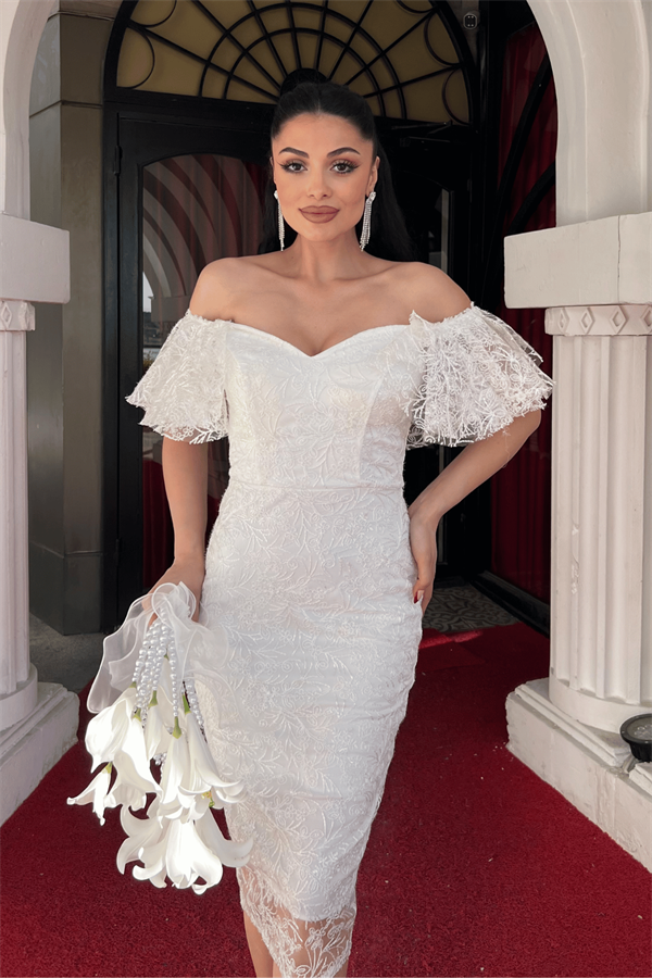 İşleme Dantel Kumaş Kayık Yaka Kalem Elbise - BEYAZ