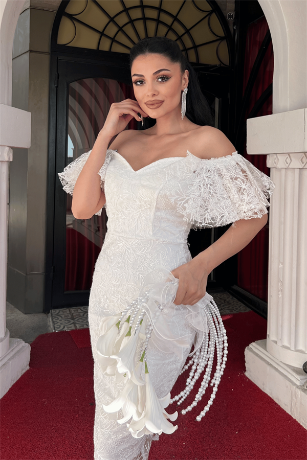 İşleme Dantel Kumaş Kayık Yaka Kalem Elbise - BEYAZ