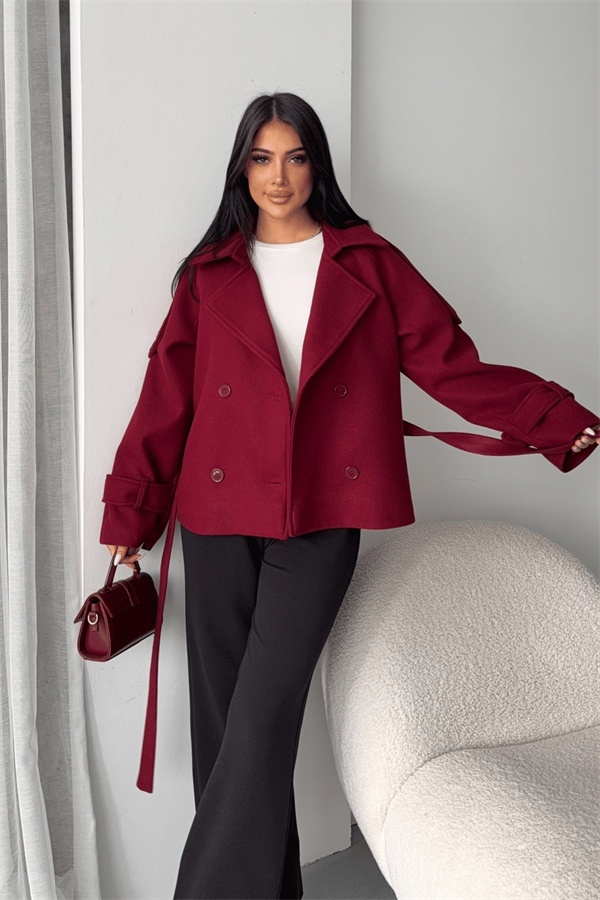 İthal Kaşe Kumaş Kısa Kaban - BORDO