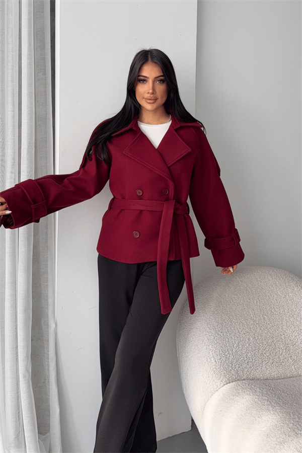 İthal Kaşe Kumaş Kısa Kaban - BORDO