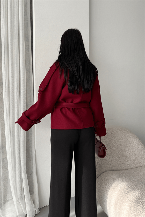 İthal Kaşe Kumaş Kısa Kaban - BORDO