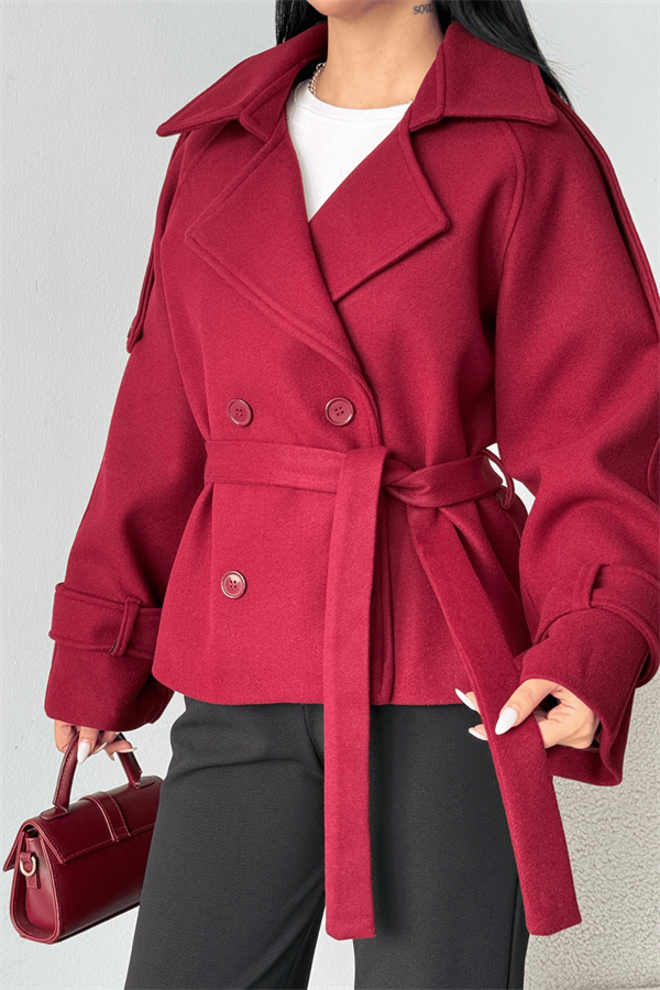 İthal Kaşe Kumaş Kısa Kaban - BORDO