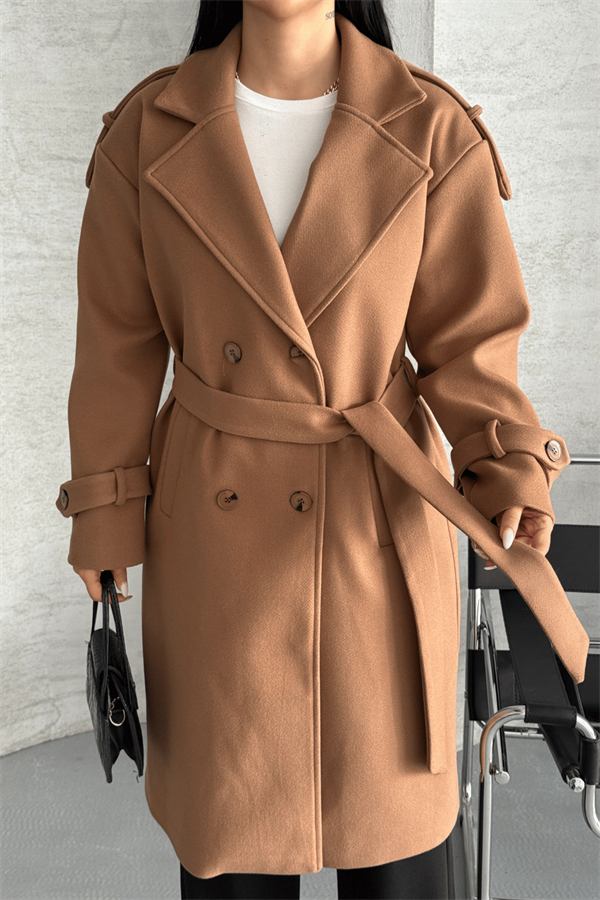 İthal Kaşe Kumaş Uzun Kaban - AÇIK KAHVE