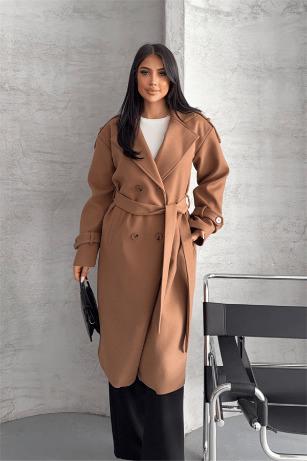 İthal Kaşe Kumaş Uzun Kaban - AÇIK KAHVE