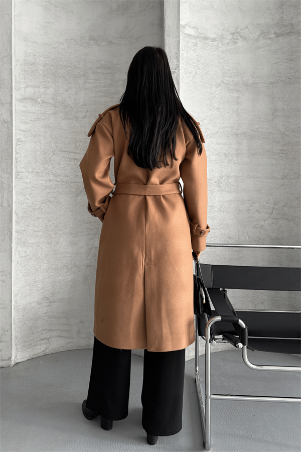 İthal Kaşe Kumaş Uzun Kaban - AÇIK KAHVE