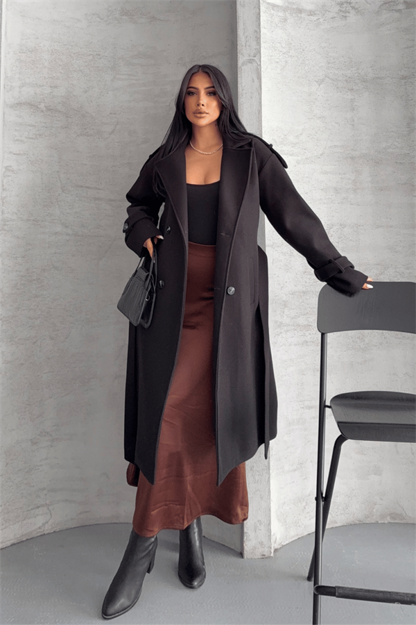 İthal Kaşe Kumaş Uzun Kaban - SİYAH