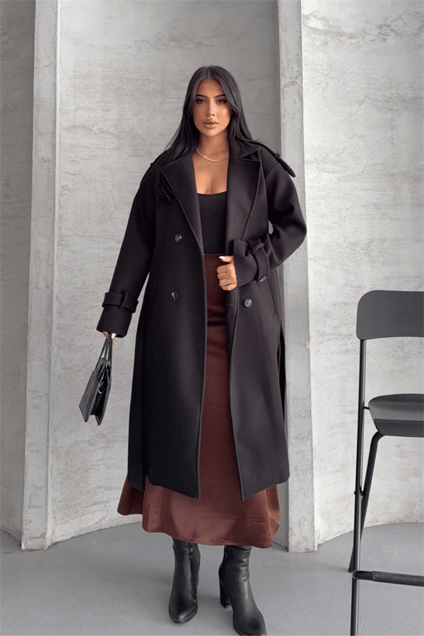 İthal Kaşe Kumaş Uzun Kaban - SİYAH