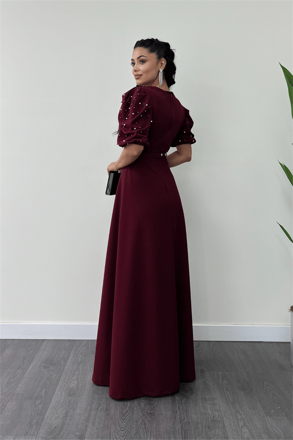 İthal Krep Kumaş Balon Kol İnci Detaylı Maxi Elbise - BORDO