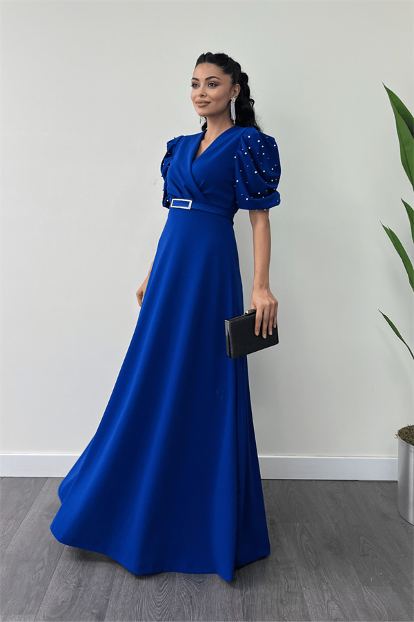 İthal Krep Kumaş Balon Kol İnci Detaylı Maxi Elbise - SAKS MAVİ