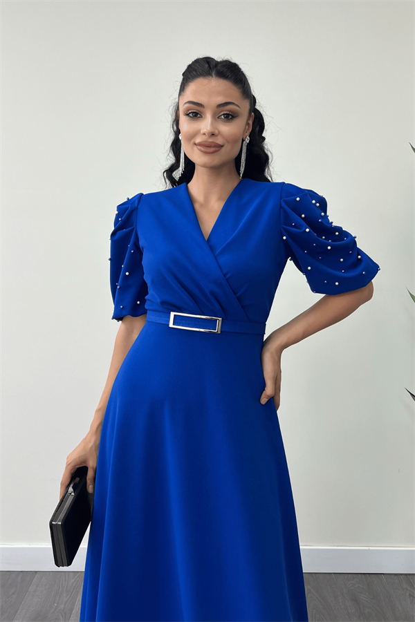 İthal Krep Kumaş Balon Kol İnci Detaylı Maxi Elbise - SAKS MAVİ