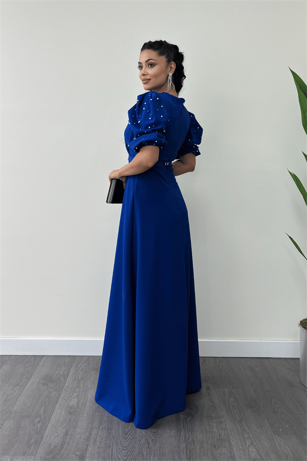 İthal Krep Kumaş Balon Kol İnci Detaylı Maxi Elbise - SAKS MAVİ