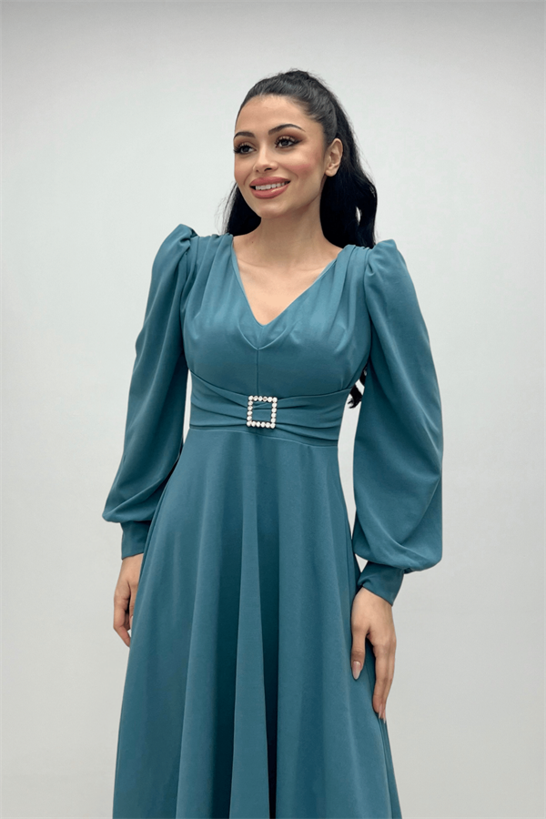 İthal Krep Kumaş Kemer Detaylı Midi Elbise - SU YEŞİLİ