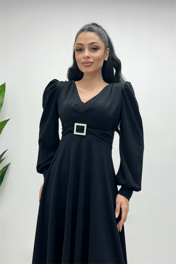 İthal Krep Kumaş Kemer Detaylı Midi Elbise - SİYAH