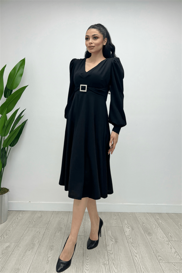 İthal Krep Kumaş Kemer Detaylı Midi Elbise - SİYAH