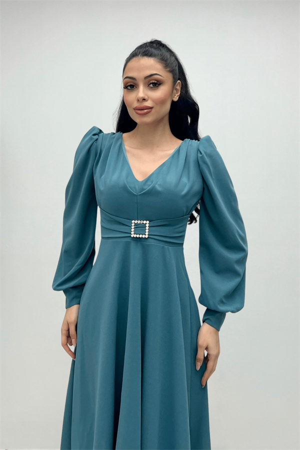 İthal Krep Kumaş Kemer Detaylı Midi Elbise - SU YEŞİLİ