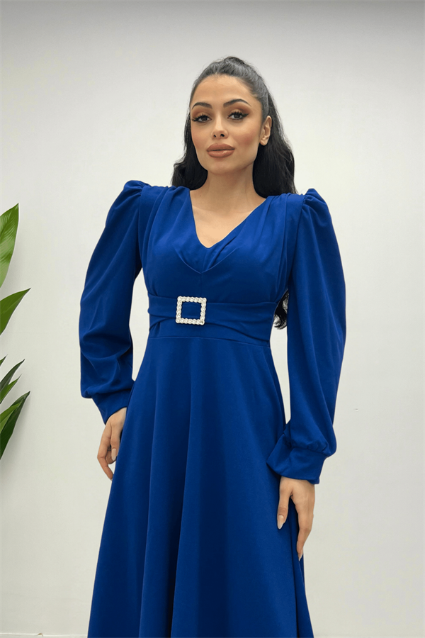 İthal Krep Kumaş Kemer Detaylı Midi Elbise - SAKS MAVİ