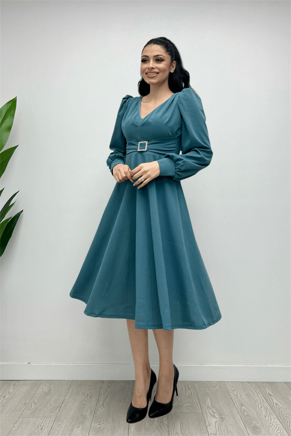 İthal Krep Kumaş Kemer Detaylı Midi Elbise - SU YEŞİLİ