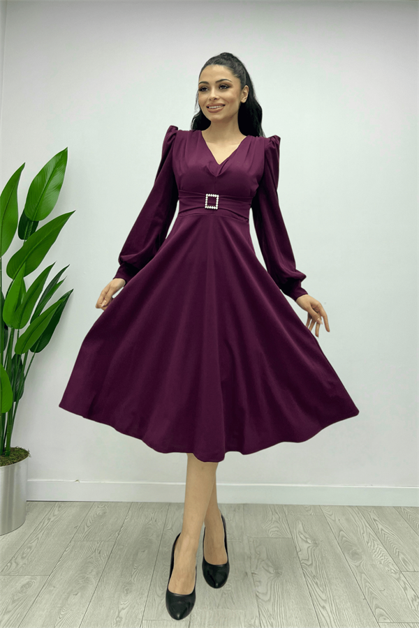 İthal Krep Kumaş Kemer Detaylı Midi Elbise - PATLICAN MOR