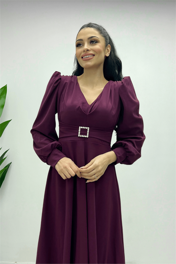 İthal Krep Kumaş Kemer Detaylı Midi Elbise - PATLICAN MOR