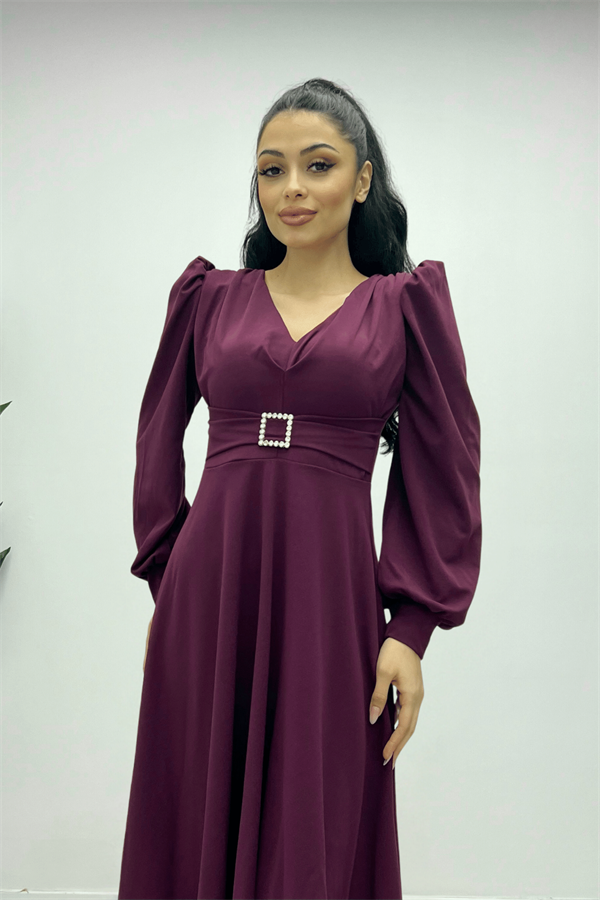İthal Krep Kumaş Kemer Detaylı Midi Elbise - PATLICAN MOR
