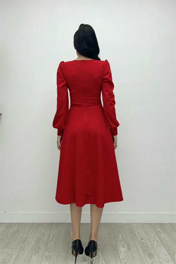 İthal Krep Kumaş Kemer Detaylı Midi Elbise - KIRMIZI