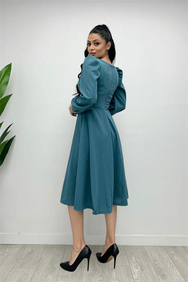 İthal Krep Kumaş Kemer Detaylı Midi Elbise - SU YEŞİLİ