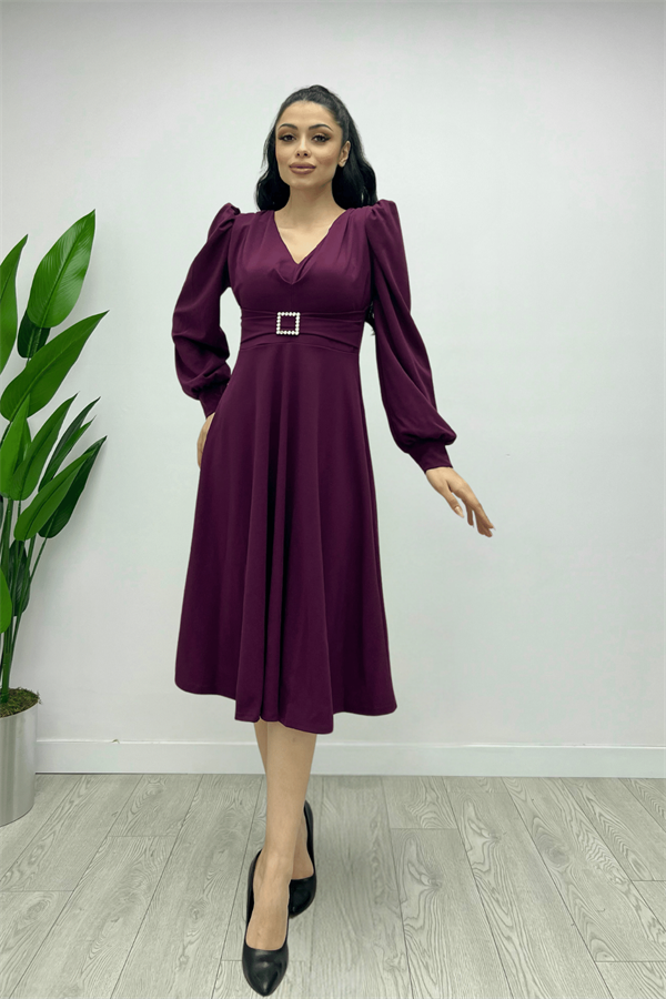 İthal Krep Kumaş Kemer Detaylı Midi Elbise - PATLICAN MOR
