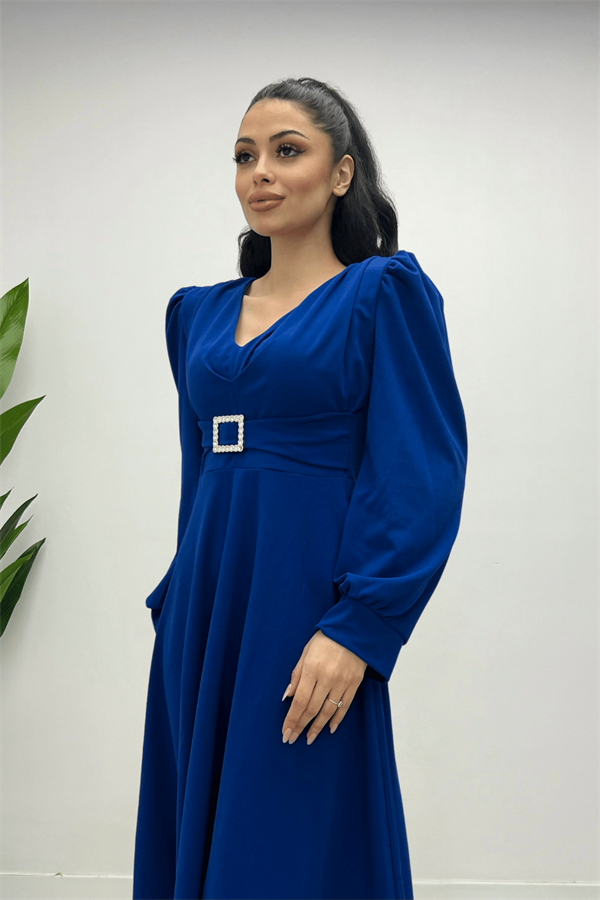 İthal Krep Kumaş Kemer Detaylı Midi Elbise - SAKS MAVİ