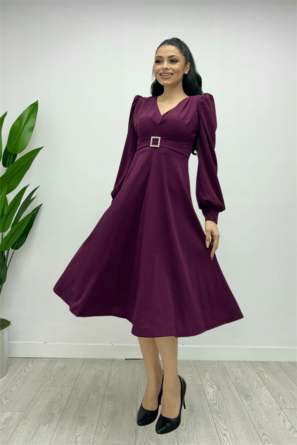 İthal Krep Kumaş Kemer Detaylı Midi Elbise - PATLICAN MOR