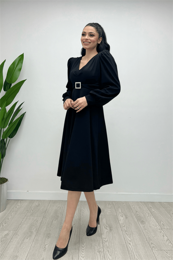 İthal Krep Kumaş Kemer Detaylı Midi Elbise - SİYAH