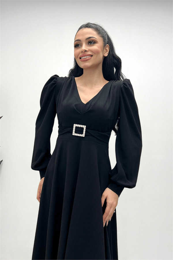 İthal Krep Kumaş Kemer Detaylı Midi Elbise - SİYAH