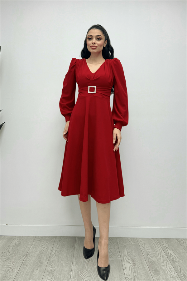 İthal Krep Kumaş Kemer Detaylı Midi Elbise - KIRMIZI