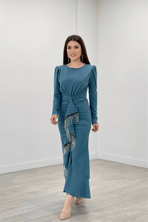 İthal Krep Kumaş Taş Püskül Detaylı Abiye Elbise - SU YEŞİLİ